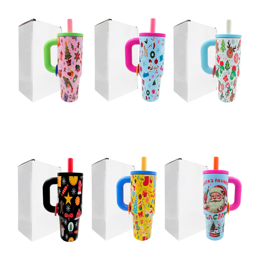 Termo de 40oz con estampado navideño, asa, cierre hermético + accesorios, variedad de diseños