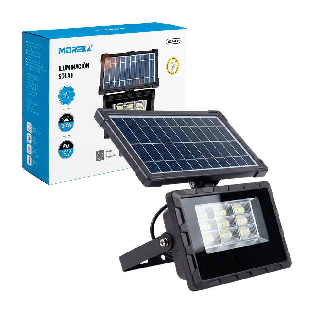 Lámpara reflector moreka de 50w con panel solar + control remoto