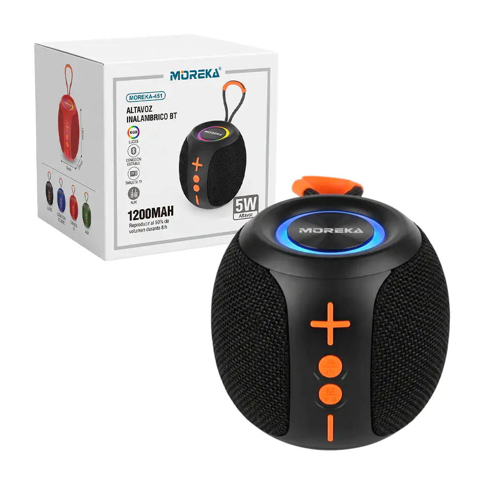 Bocina bluetooth redonda moreka de 5w con luz rgb + asa, variedad de colores
