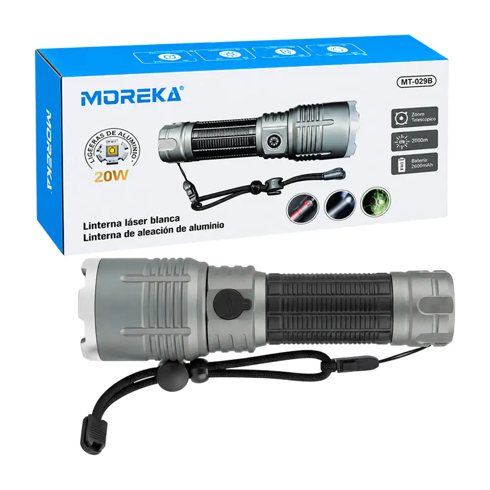 Linterna recargable moreka de 20w con diseño táctico, zoom ajustable + asa