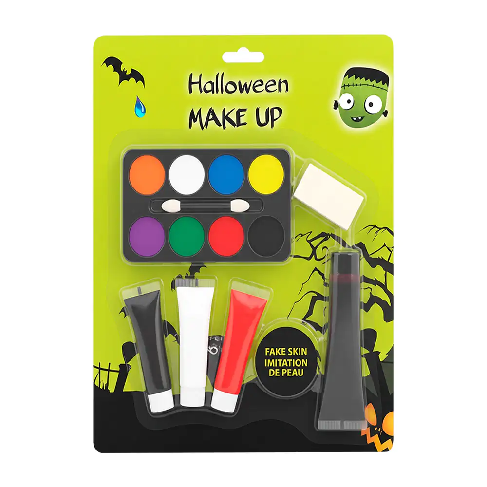 Paleta de maquillaje para halloween con 8 tonos, sangre falsa, esponja + 3 tubos de maquillaje