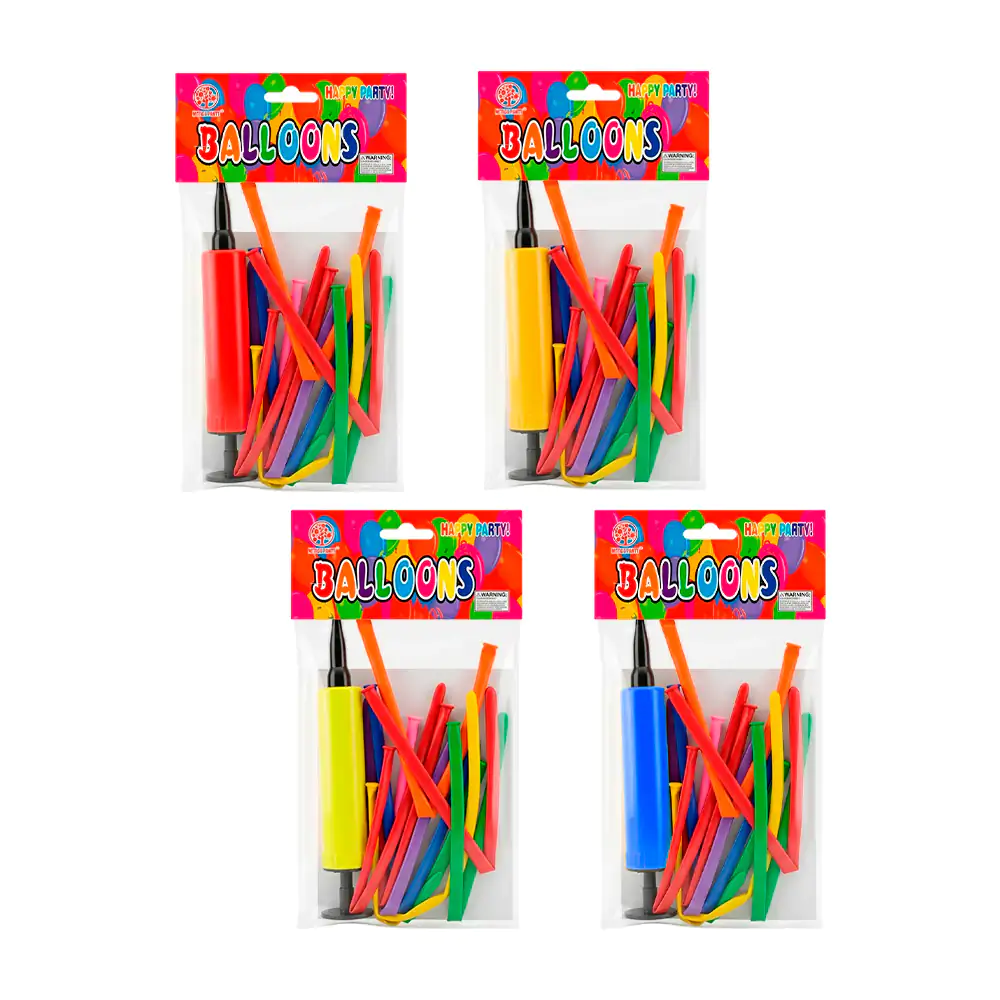 Paquete con 10 globos tipo salchicha + mini bomba de aire manual