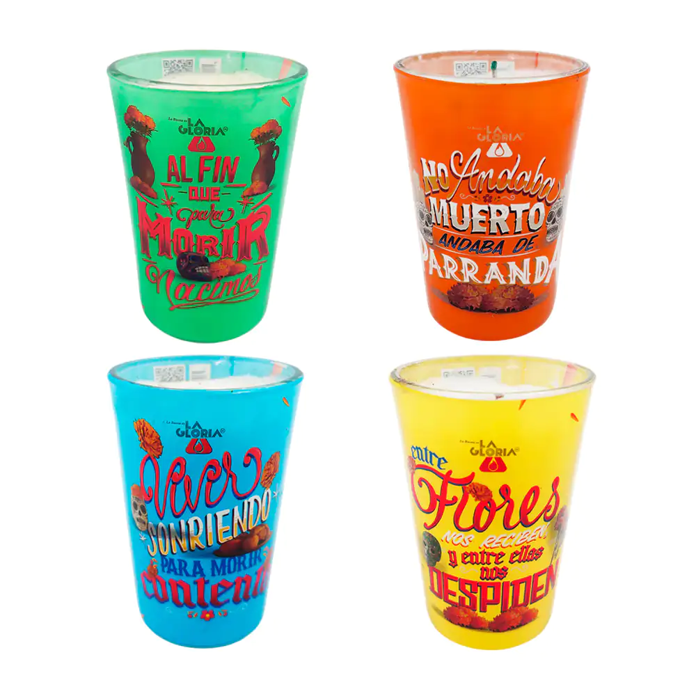 1pza vaso veladora pequeña con frases con temática del día de muertos, variedad de modelos / vela.f