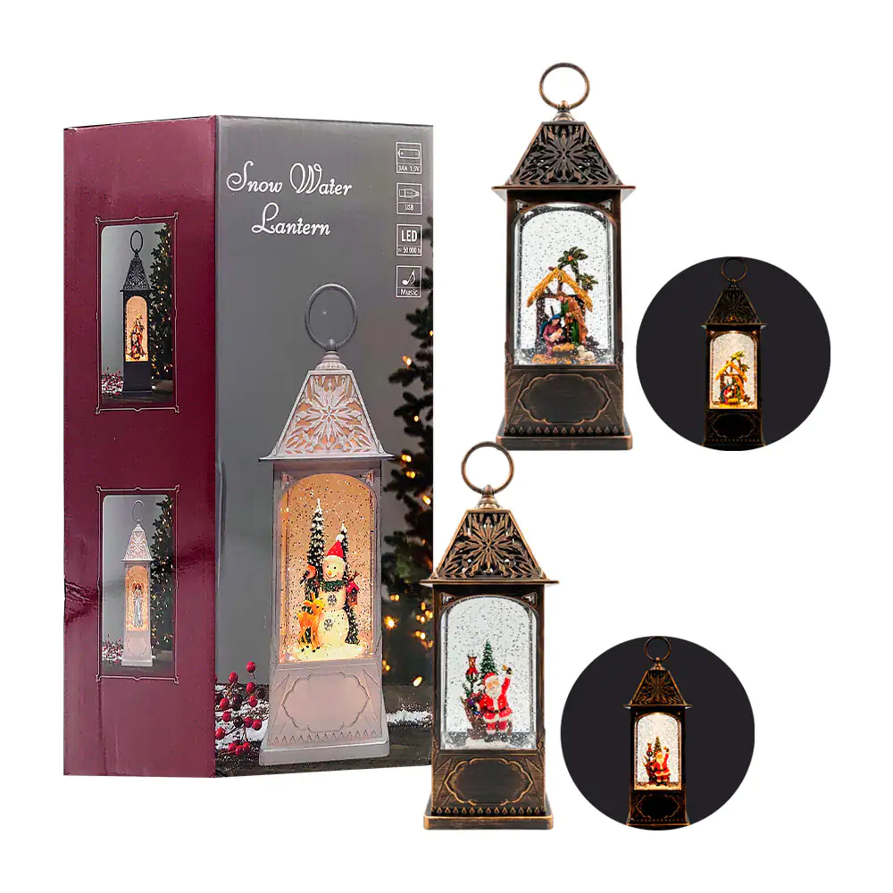 Adorno navideño musical vintage en forma de lámpara rectangular 29cm con luz y figura encapsulada