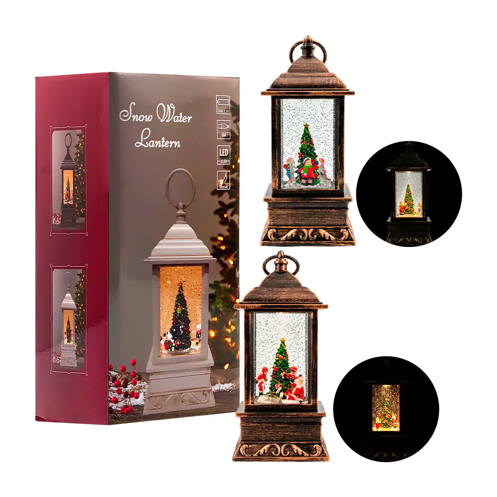 Adorno navideño musical vintage en forma de farol 25cm con luz y figura encapsulada / wdl-24054