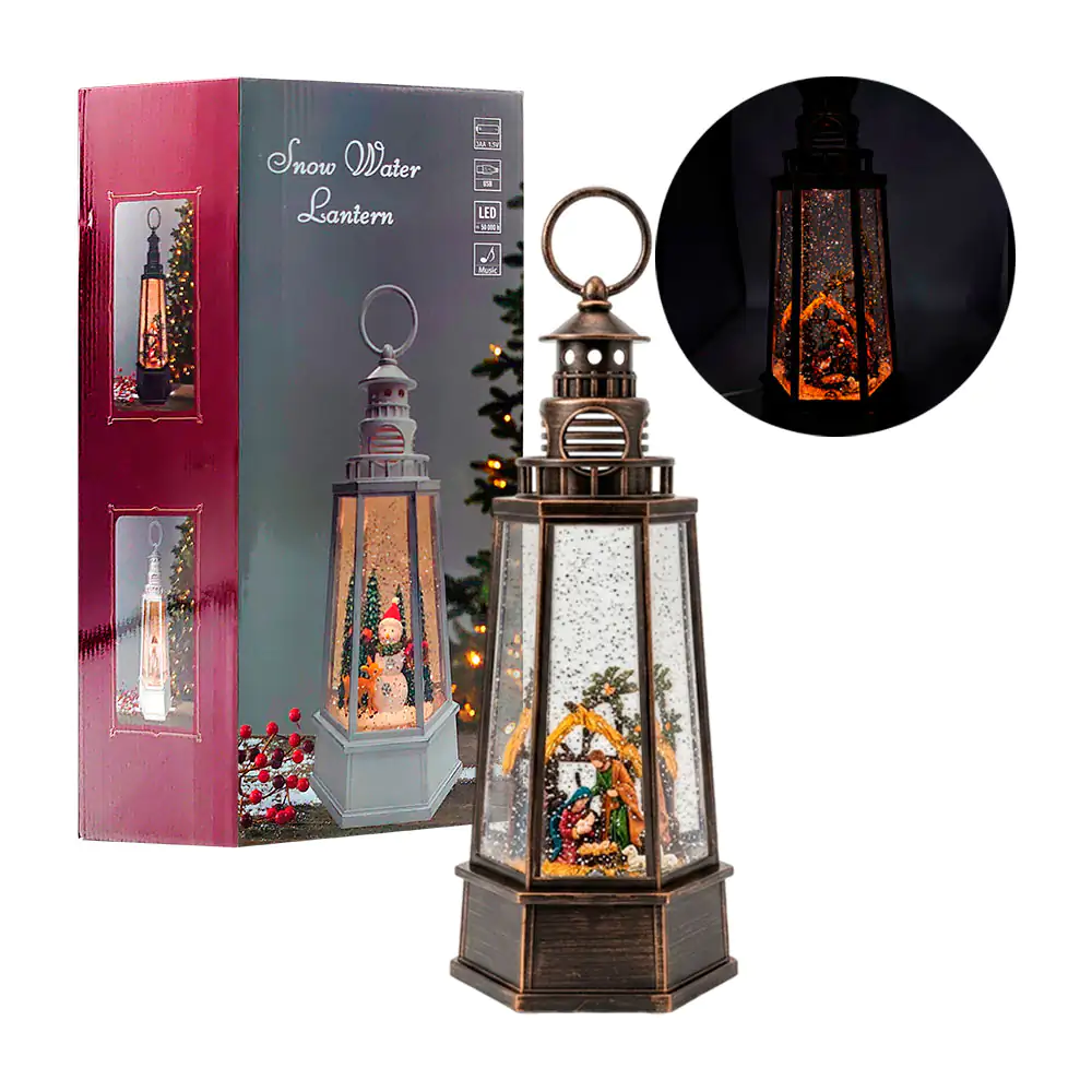 Adorno navideño musical vintage en forma de faro 32cm con luz y figura encapsulada / wdl-24079