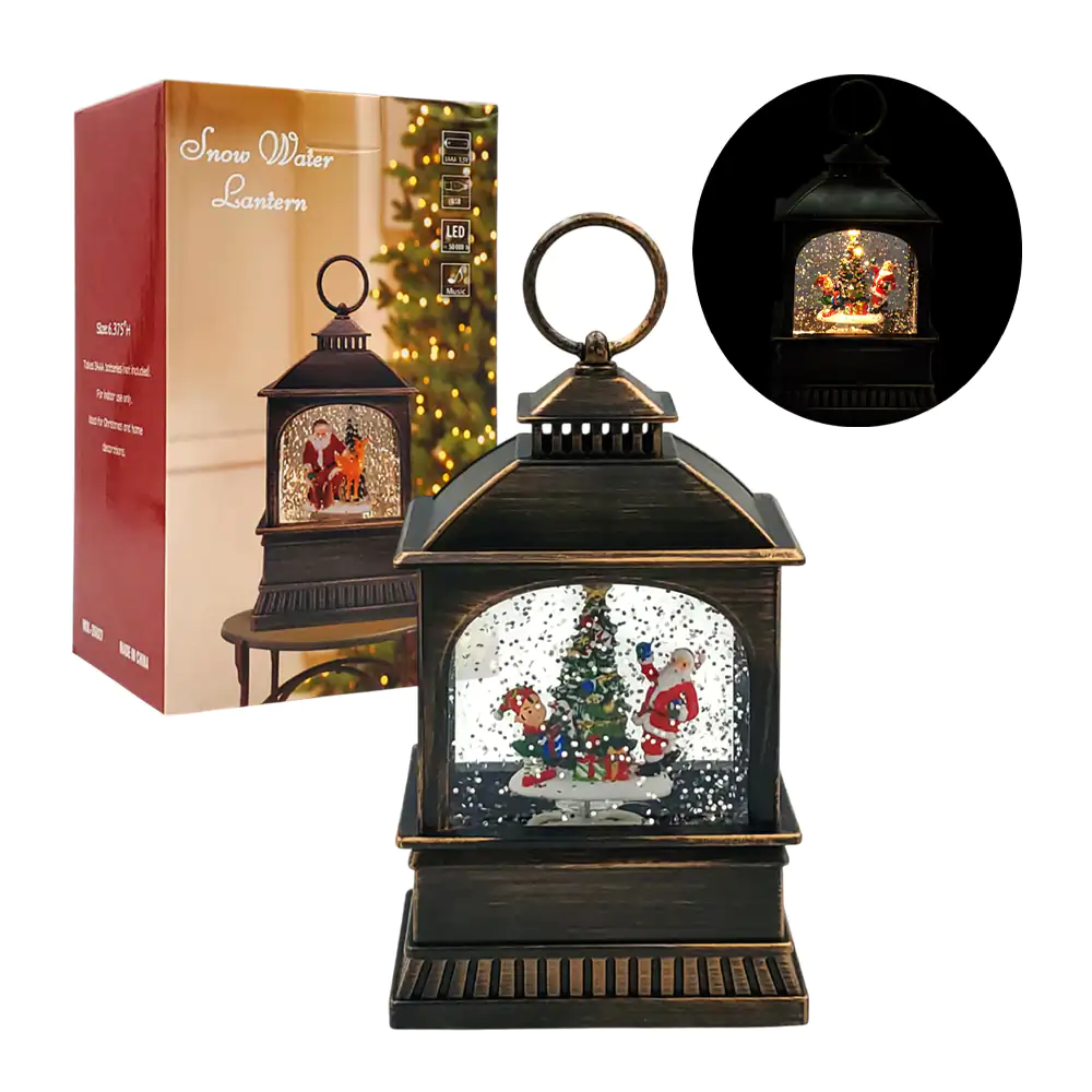 Adorno navideño musical vintage en forma de lámpara rectangular 20cm con luz y figura encapsulada