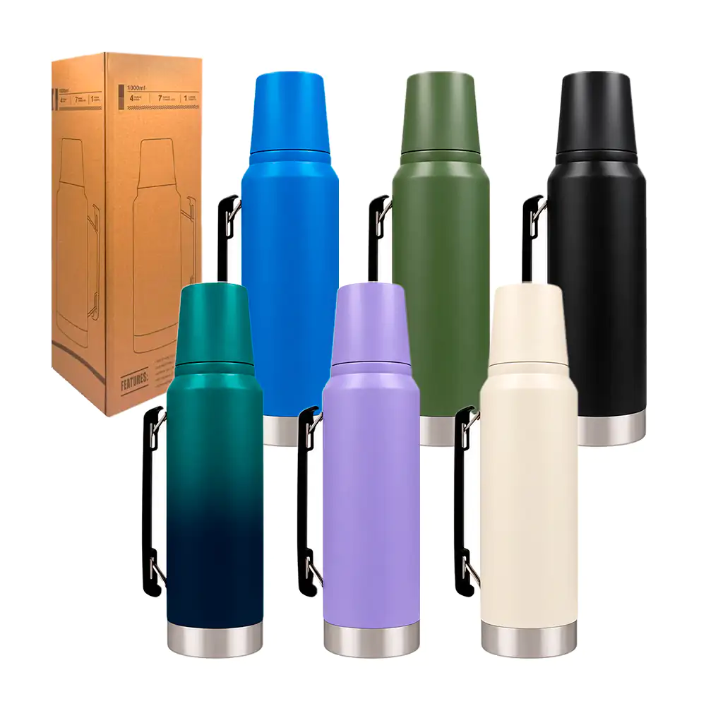 Botella tipo termo metálico con capacidad de 1000ml + mini vaso y textura, variedad