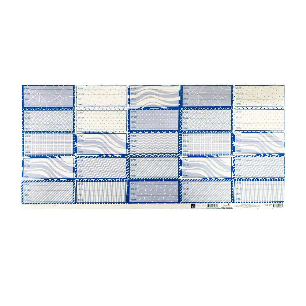 1pza Planilla con 25 etiquetas escolares en color azul con diferentes figuras