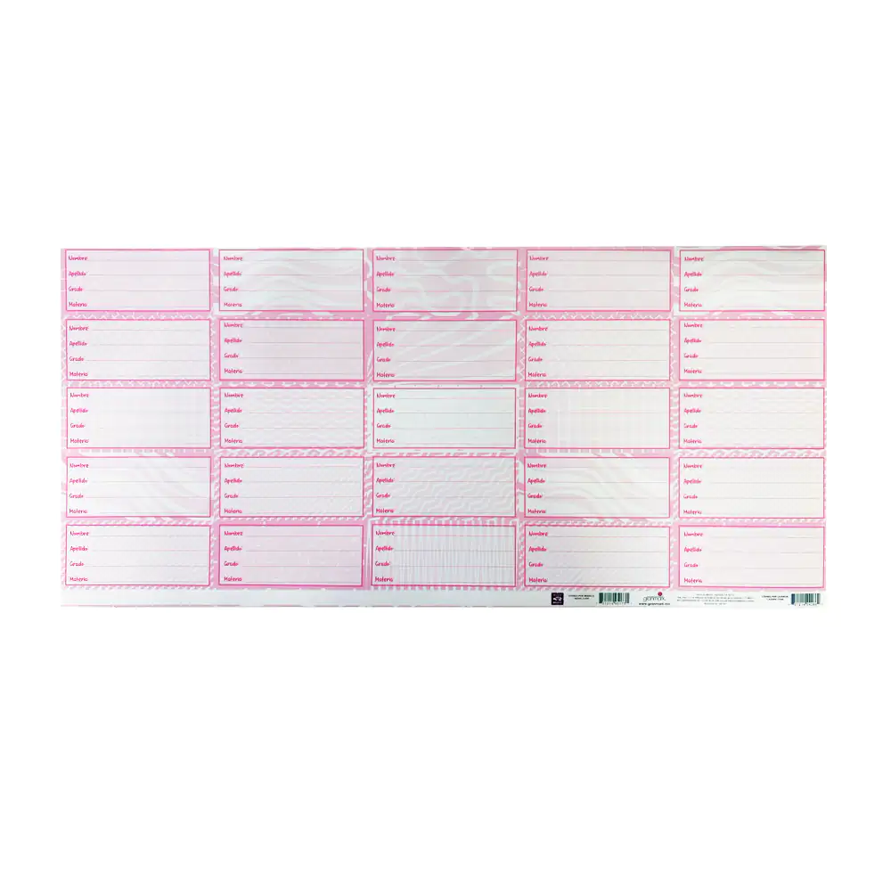 1pza Planilla con 25 etiquetas escolares en color rosa con diferentes figuras