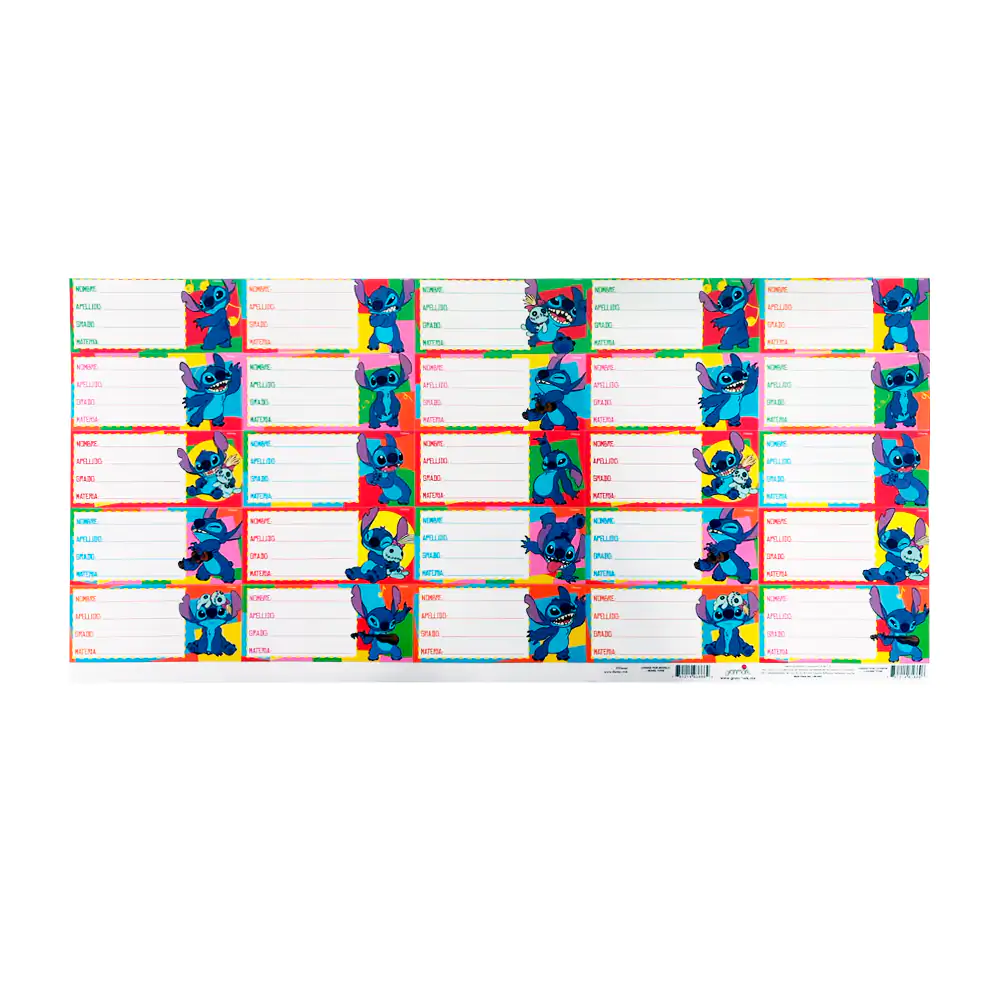 1pza Planilla con 25 etiquetas escolares con estampado de stitch