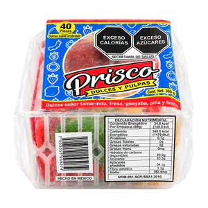 Caja con 40pzas de prisco dulces y pulpas sabor tamarindo, fresa, gua…