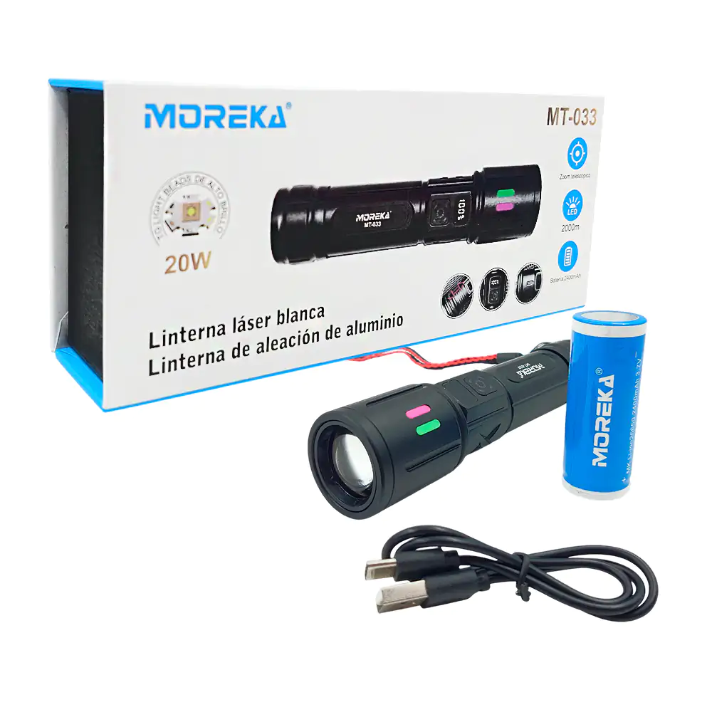 Lámpara linterna con luz telescópica de largo alcance, recargable, 20w de potencia / mt-033