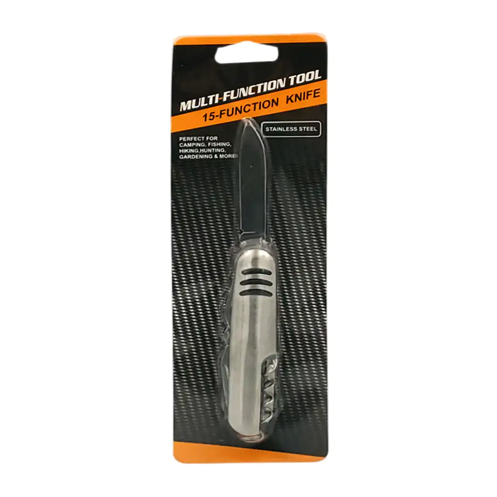 Blister con navaja suiza plegable de acero inoxidable con 15 herramie…